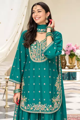 Teal chinon readymade suit with embroidery & sequence work