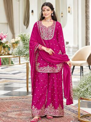 Rani pink chinon readymade suit with embroidery & sequence work 1