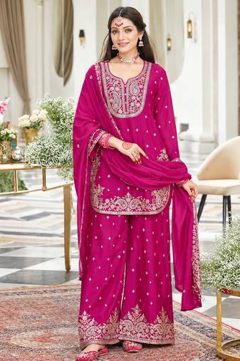 Rani pink chinon readymade suit with embroidery & sequence work