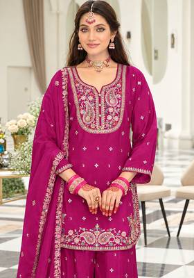 Rani pink chinon readymade suit with embroidery & sequence work 2