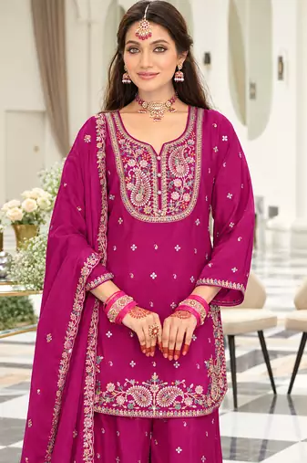 Rani pink chinon readymade suit with embroidery & sequence work