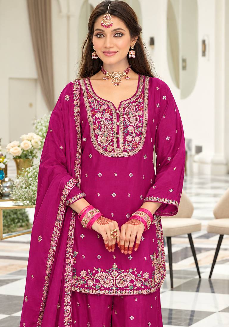 Rani pink chinon readymade suit with embroidery & sequence work
