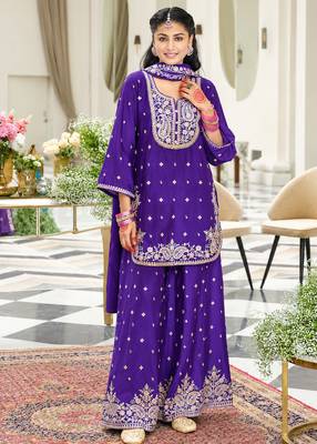 Violet chinon readymade suit with embroidery & sequence work 1