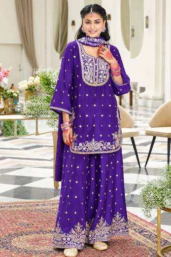 Violet chinon readymade suit with embroidery & sequence work