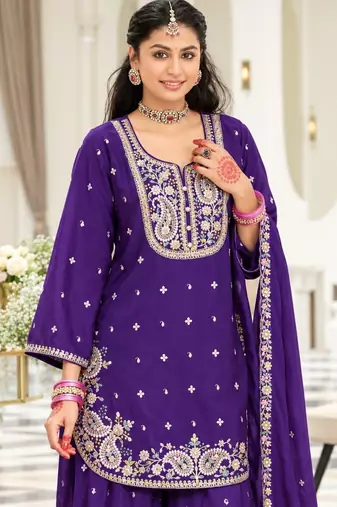 Violet chinon readymade suit with embroidery & sequence work