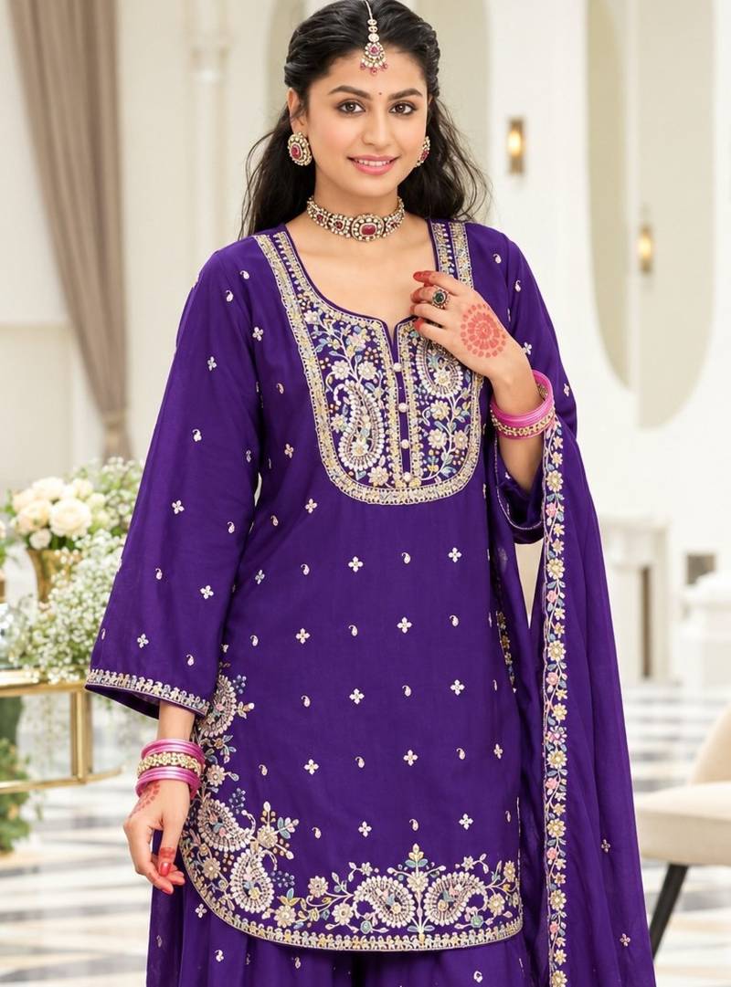 Violet chinon readymade suit with embroidery & sequence work