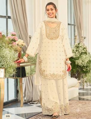 White chinon readymade suit with embroidery & sequence work 1