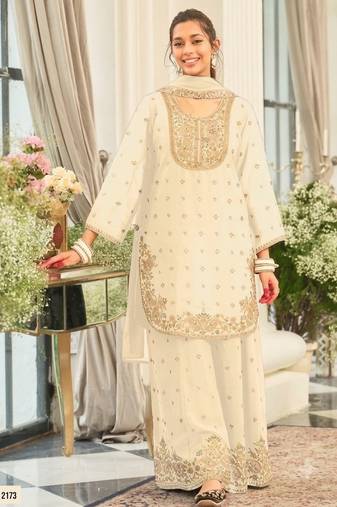 White chinon readymade suit with embroidery & sequence work