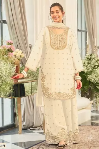 White chinon readymade suit with embroidery & sequence work