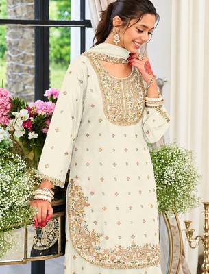 White chinon readymade suit with embroidery & sequence work 2