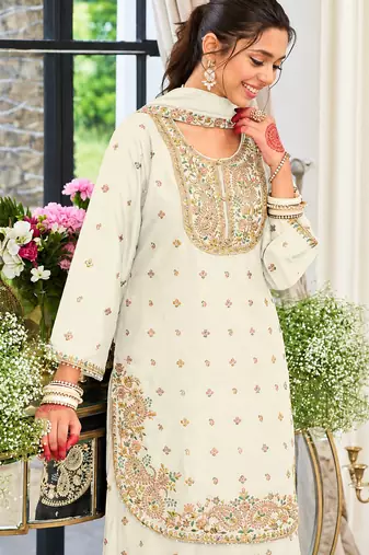 White chinon readymade suit with embroidery & sequence work