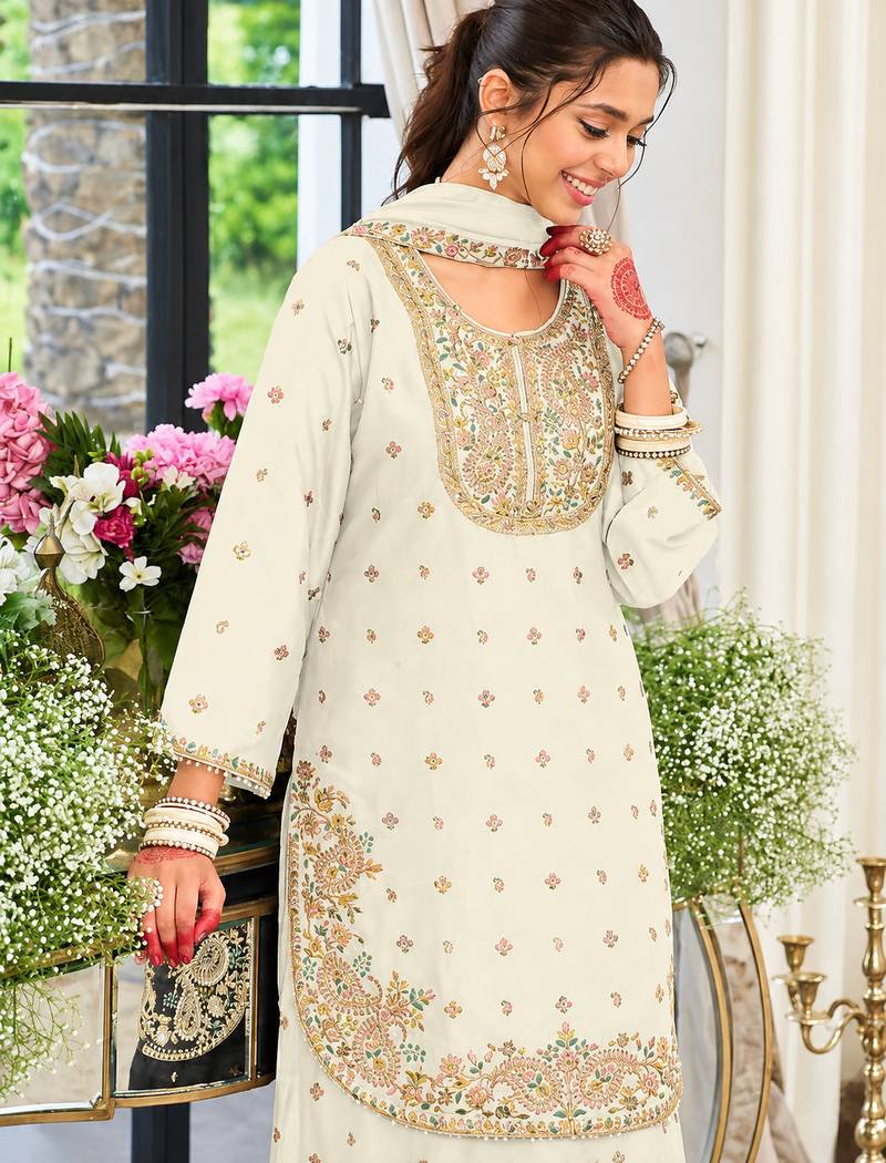 White chinon readymade suit with embroidery & sequence work