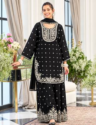Black chinon readymade suit with embroidery & sequence work 1
