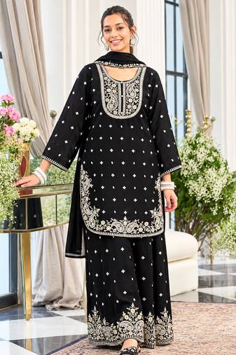 Black chinon readymade suit with embroidery & sequence work