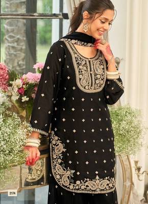 Black chinon readymade suit with embroidery & sequence work 2