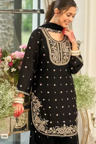 Black chinon readymade suit with embroidery & sequence work