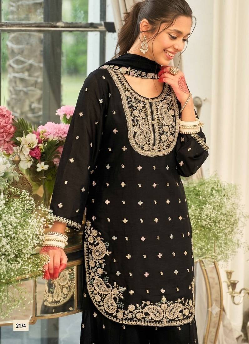 Black chinon readymade suit with embroidery & sequence work