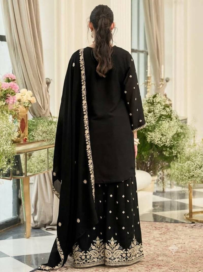 Black chinon readymade suit with embroidery & sequence work