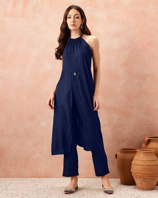 Navyblue rayon solid sleeveless kurta pant stylish ethnic co-ord set 1