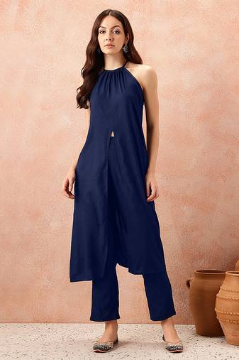 Navyblue rayon solid sleeveless kurta pant stylish ethnic co-ord set