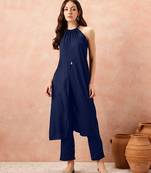 Navyblue rayon solid sleeveless kurta pant stylish ethnic co-ord set