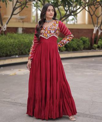 Maroon rayon readymade navratri anarkali suit with embroidery & miroor work 1