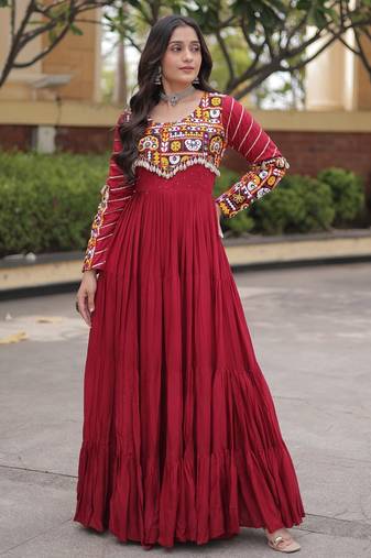 Maroon rayon readymade navratri anarkali suit with embroidery & miroor work