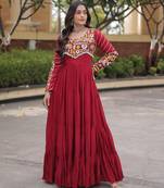 Maroon rayon readymade navratri anarkali suit with embroidery & miroor work