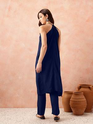 Navyblue rayon solid sleeveless kurta pant stylish ethnic co-ord set 2