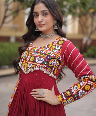 Maroon rayon readymade navratri anarkali suit with embroidery & miroor work 2