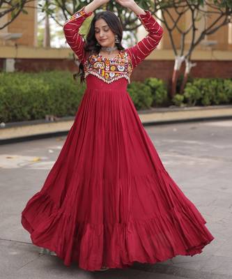 Maroon rayon readymade navratri anarkali suit with embroidery & miroor work 3