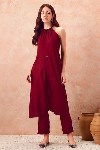 Maroon rayon solid sleeveless kurta pant stylish ethnic co-ord set