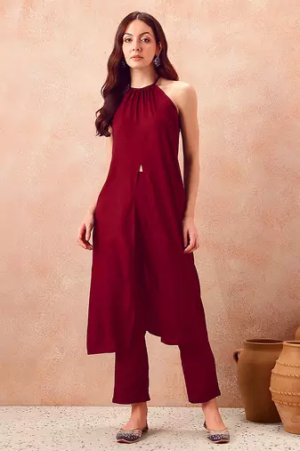 Maroon rayon solid sleeveless kurta pant stylish ethnic co-ord set