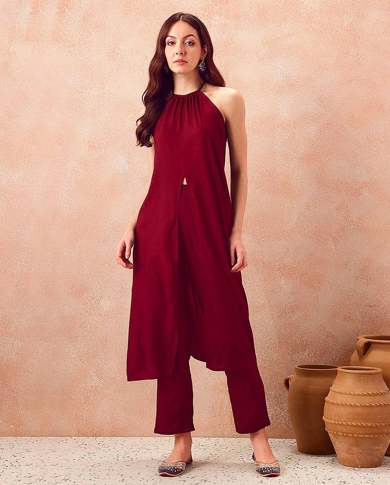 Maroon rayon solid sleeveless kurta pant stylish ethnic co-ord set