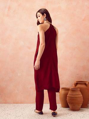 Maroon rayon solid sleeveless kurta pant stylish ethnic co-ord set 2