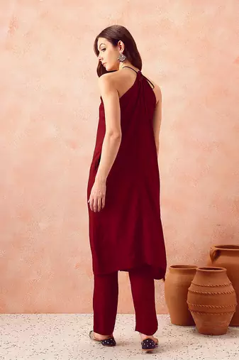 Maroon rayon solid sleeveless kurta pant stylish ethnic co-ord set
