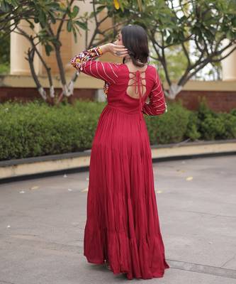 Maroon rayon readymade navratri anarkali suit with embroidery & miroor work 4