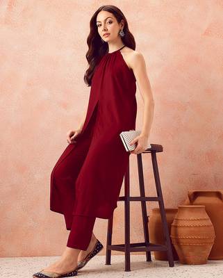 Maroon rayon solid sleeveless kurta pant stylish ethnic co-ord set 3
