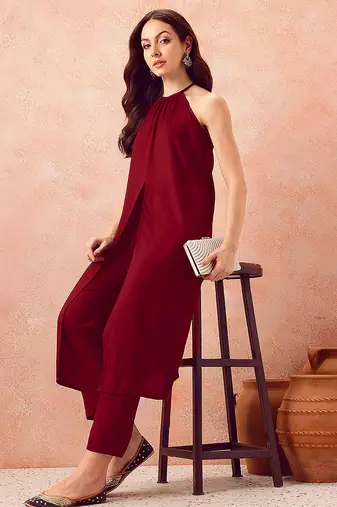 Maroon rayon solid sleeveless kurta pant stylish ethnic co-ord set