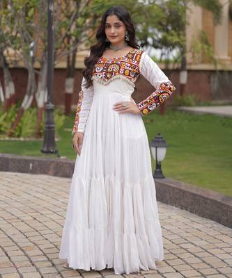 White rayon readymade navratri anarkali suit with embroidery & miroor work 1