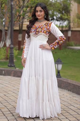 White rayon readymade navratri anarkali suit with embroidery & miroor work