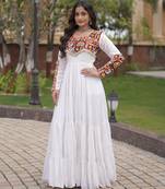 White rayon readymade navratri anarkali suit with embroidery & miroor work