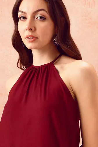 Maroon rayon solid sleeveless kurta pant stylish ethnic co-ord set