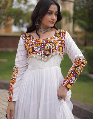 White rayon readymade navratri anarkali suit with embroidery & miroor work 2