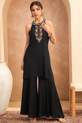 Black rayon embroidered sleeveless kurta pant ethnic stylish co-ord set