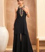 Black rayon embroidered sleeveless kurta pant ethnic stylish co-ord set