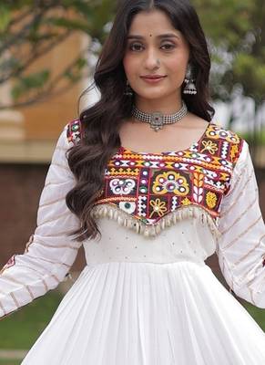 White rayon readymade navratri anarkali suit with embroidery & miroor work 3