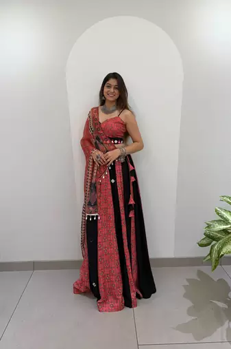 Coral & Black Rayon Readymade Navratri Lehenga Choli with Embroidery & Mirror Work