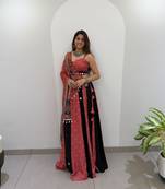Coral & Black Rayon Readymade Navratri Lehenga Choli with Embroidery & Mirror Work
