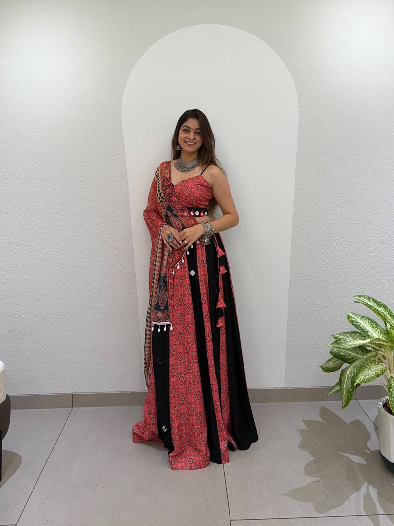 Coral & Black Rayon Readymade Navratri Lehenga Choli with Embroidery & Mirror Work